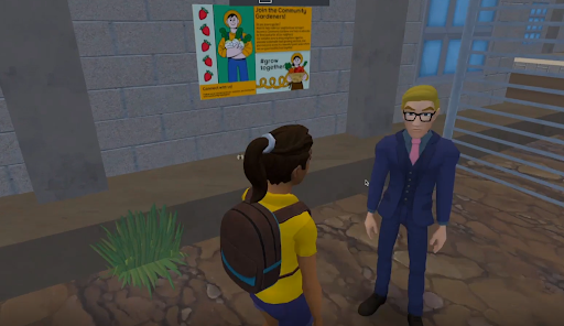 A screenshot of an educational game, showing the player talking to a character in an empty lot