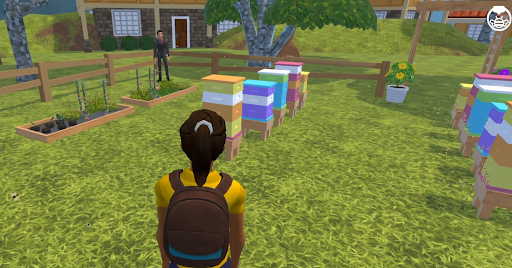 A screenshot of an educational game, showing the player standing in a community garden with rows of beehives and garden plots.