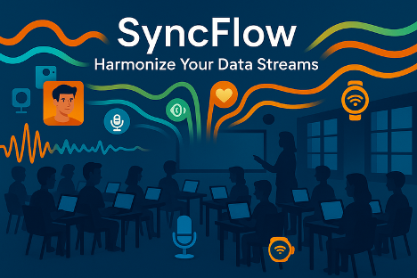 SyncFlow: Harmonize Your Data Streams. Decorative drawing of people at desks with laptops in a classroom.