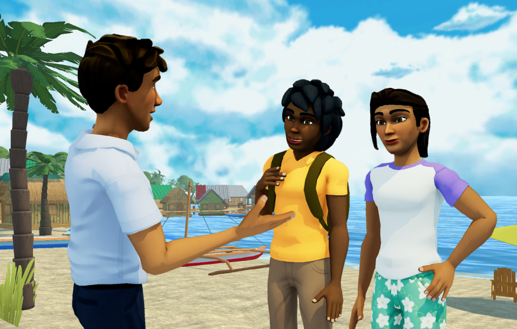 Three avatars people stand on island beach talking to each other in EcoJourneys.