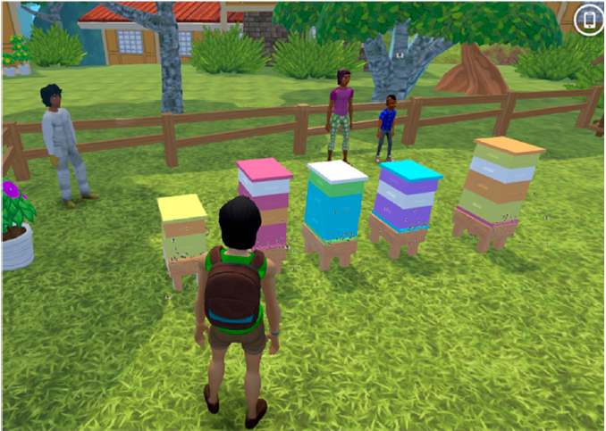 An avatar of a student from SciStory: Pollinators stands in a garden-like space in front of five apiaries.