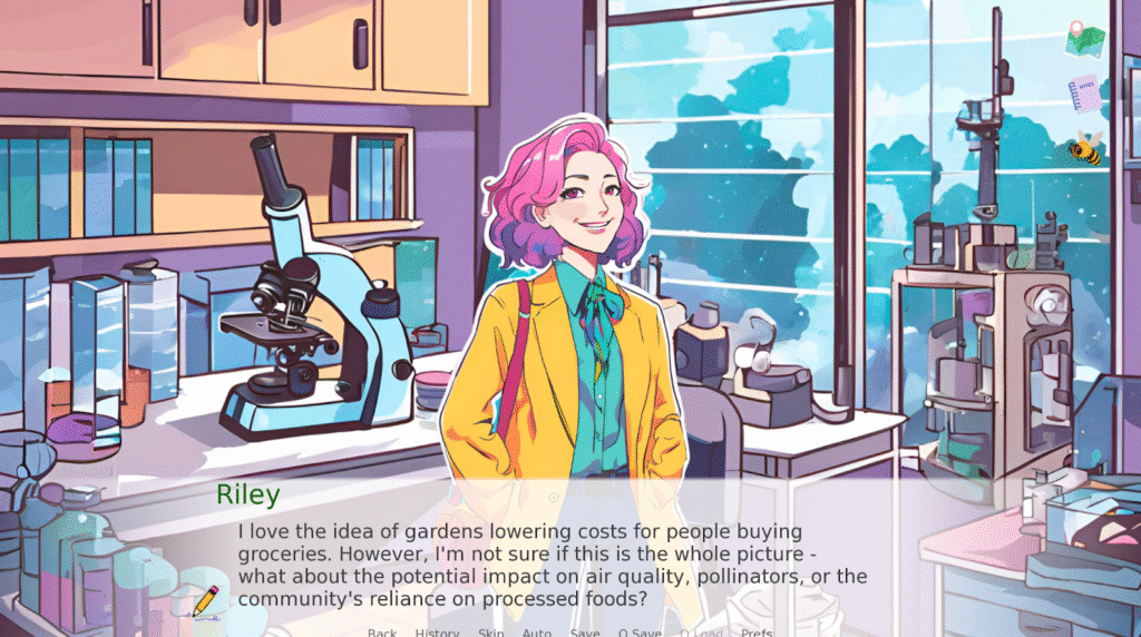 A female avatar stands in a lab surrounded by lab equipment. The image text reads: ”Riley - I think that’s a great start, but let’s try to make it a bit more persuasive. What specific benefits do you think collaborating with Wes and Victor from the community garden would bring to our neighborhood’s food system?”