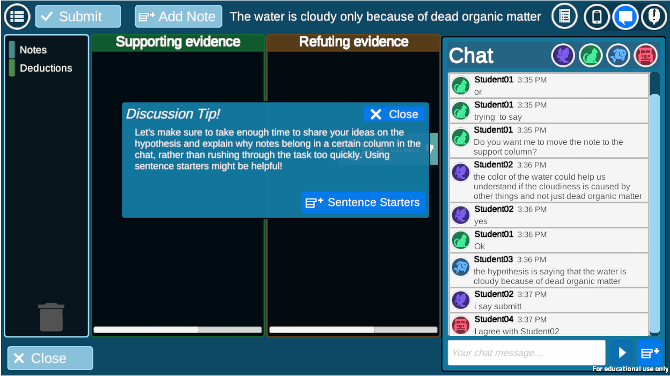 An online platform with students speaking to each other via the chat feature.